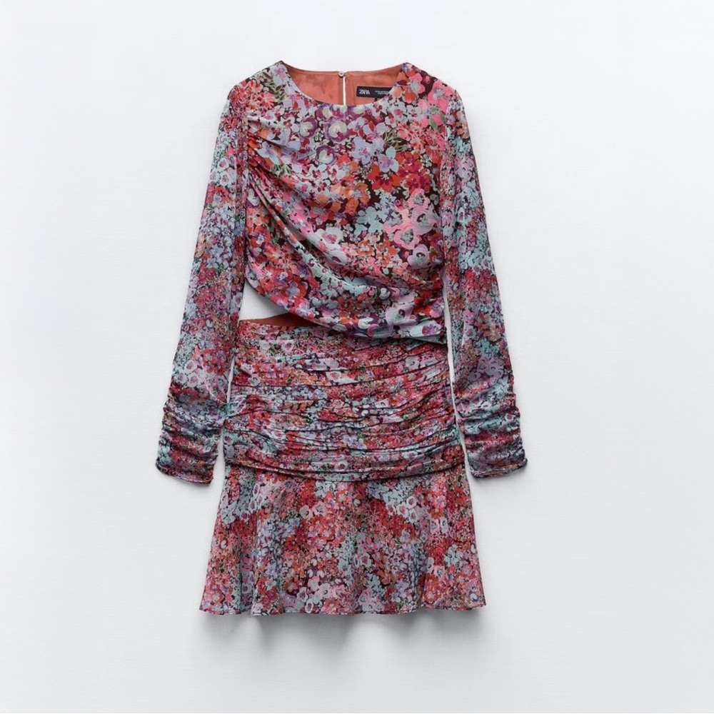 Zara Floral Print Pink Multicolor Long Sleeve Ruched Cut-Out Mini Dress (Small) - Picture 2 of 10